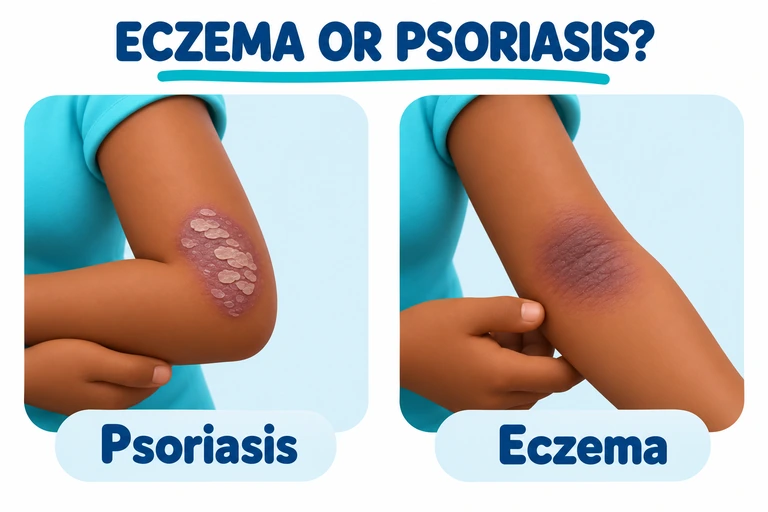 A gentle 3D comparison of psoriasis on the left and eczema on the right, illustrated on brown skin.