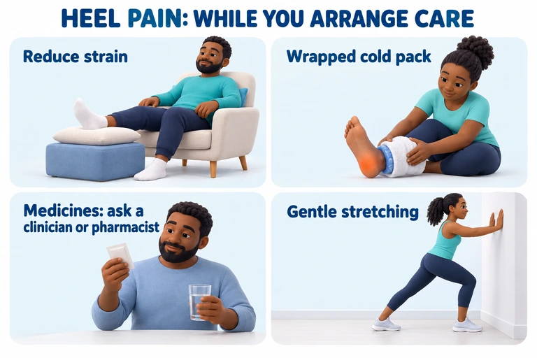 Four Black adults illustrating rest, a wrapped cold pack, medicines discussed with a clinician or pharmacist, and gentle calf stretching.