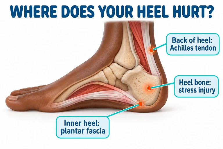 A 3D heel diagram marking the inner heel, the Achilles tendon at the back, and a stress injury within the heel bone.