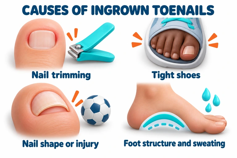 Four 3D illustrations of nail trimming, tight shoes, nail shape or injury, and foot structure with sweating.