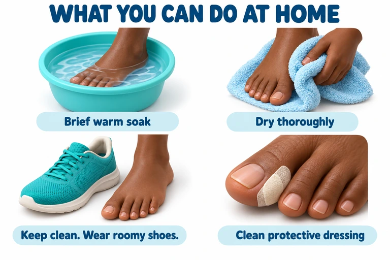 Four home care illustrations showing a brief warm soak, thorough drying, roomy footwear, and a clean protective dressing.