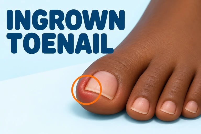 A 3D foot with an ingrown big toenail and inflammation around the nail edge.