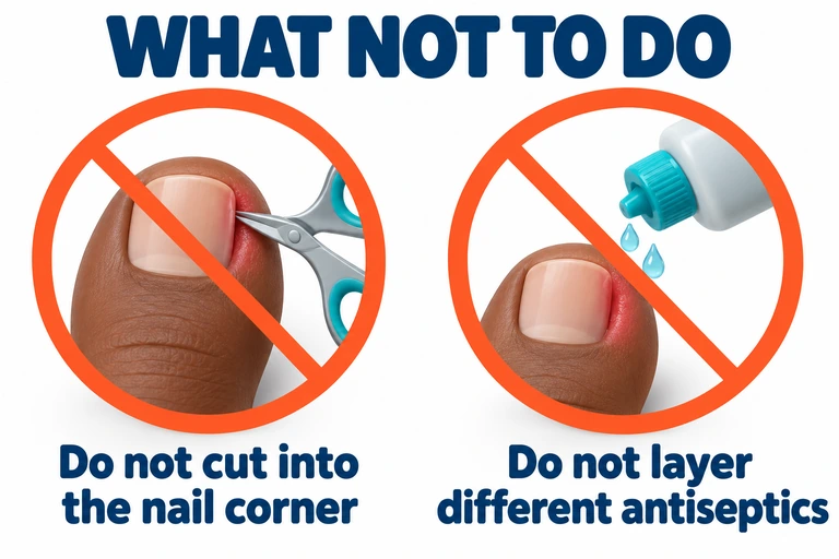 Two crossed out 3D illustrations showing deep nail corner cutting and applying multiple antiseptics to an irritated toe.