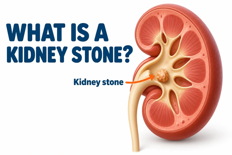 A 3D cutaway of a kidney with a stone inside its collecting space.