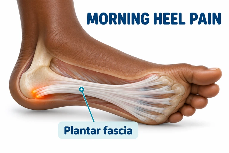 A 3D foot cutaway showing the plantar fascia and the painful attachment beneath the heel.