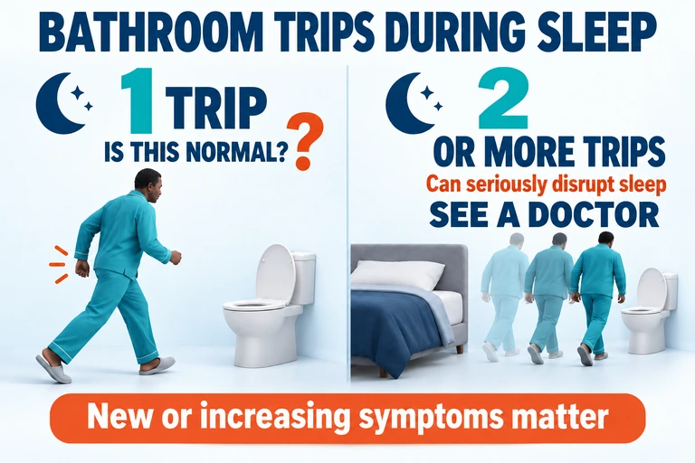 Is one bathroom trip during sleep normal? Two or more trips can seriously disrupt sleep and are a reason to see a doctor. New or increasing symptoms matter.