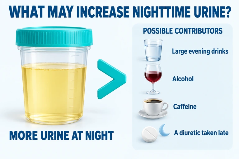 More urine at night may be associated with large amounts of evening fluids, alcohol, caffeine and taking a diuretic late.