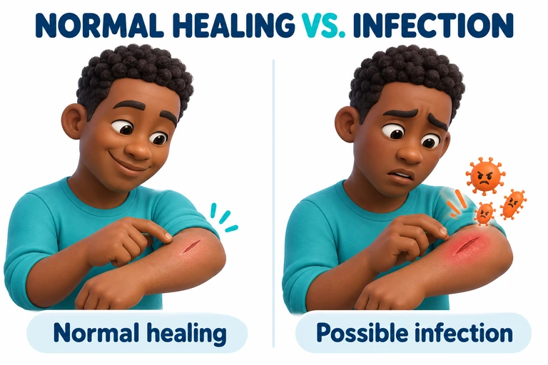 Two Black adults looking at forearm wounds, with normal healing on one side and possible infection with cartoon bacteria on the other.