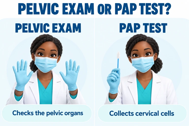 A masked doctor with raised gloved hands represents a pelvic exam. A masked doctor holding a sampling brush represents a Pap test.
