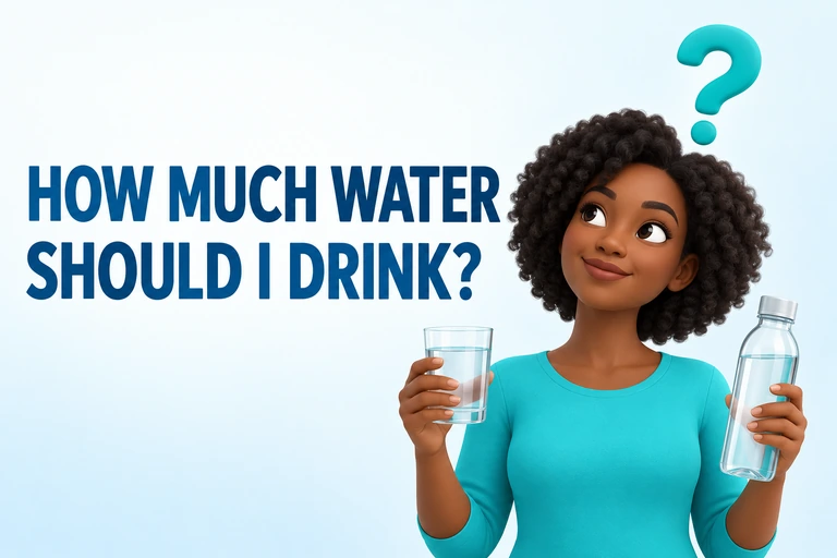 A person holding a glass and a bottle of water asks how much water to drink.