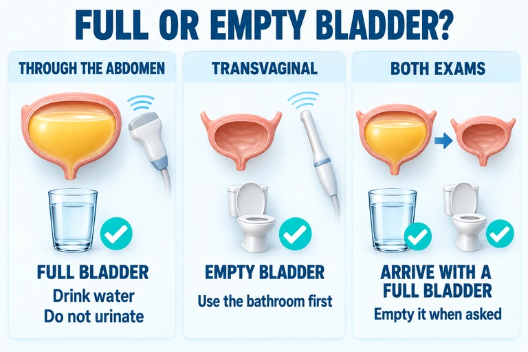 Abdominal pelvic ultrasound requires a full bladder. Transvaginal ultrasound requires an empty bladder. When both are scheduled, arrive with a full bladder and empty it when asked.