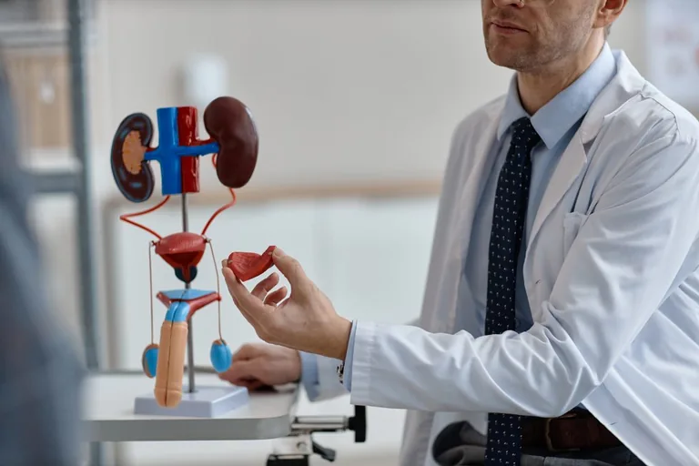 Clinician explaining a model of the urinary system