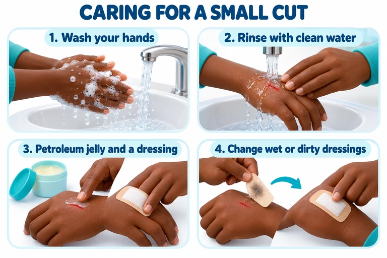 Four illustrated steps: wash hands, rinse with clean water, apply petroleum jelly and a dressing, and change wet or dirty dressings.