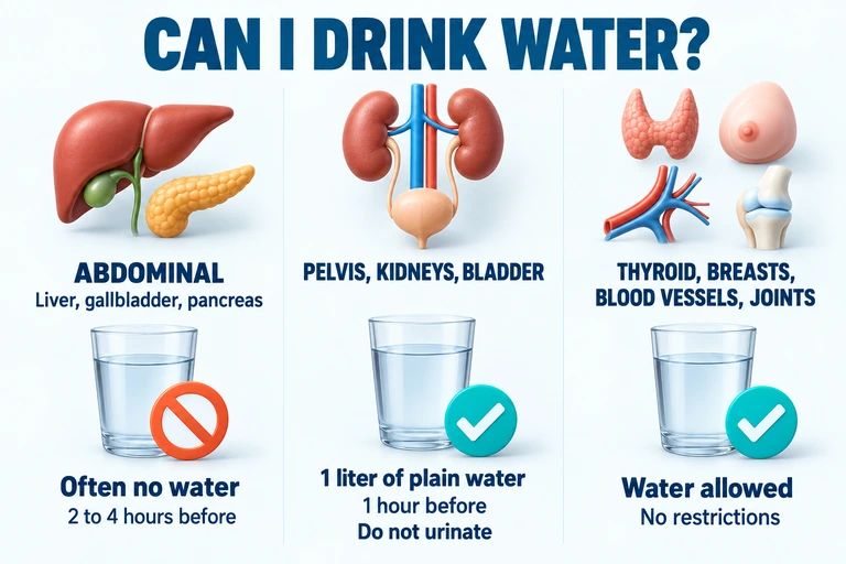 Water instructions for abdominal, pelvic, kidney, bladder, thyroid, breast, blood vessel and joint ultrasound exams.