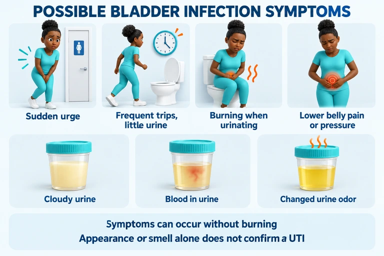 Possible bladder infection symptoms include urgency, frequent urination, burning, lower abdominal pain or pressure, cloudy urine, blood in the urine and a change in odor. Symptoms may occur without burning, and appearance or odor alone is not enough for a diagnosis.