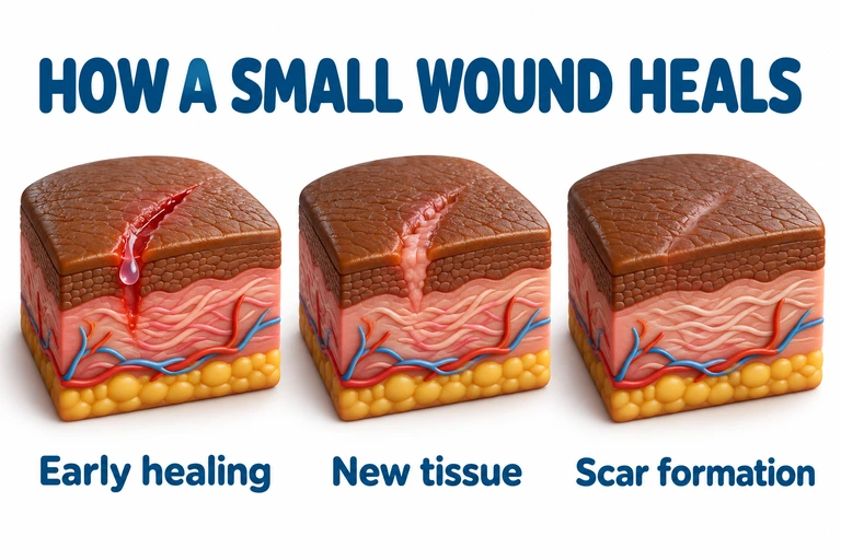 Three 3D skin illustrations showing early healing, new tissue, and a closed scar on brown skin.