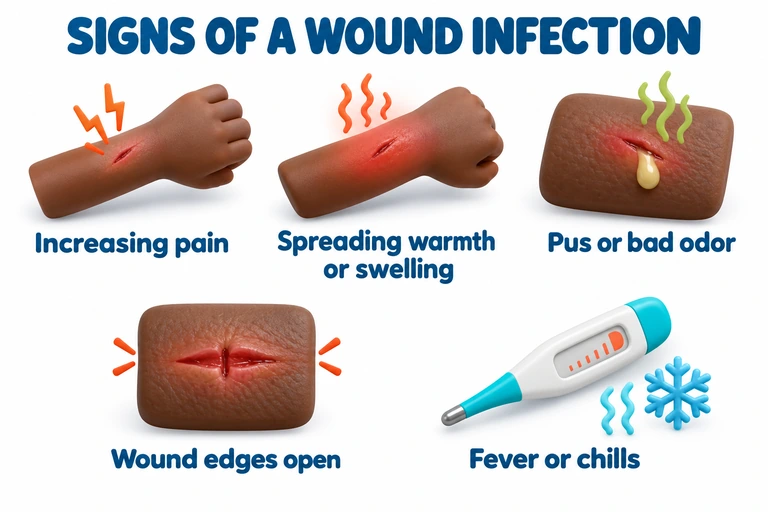 Five 3D icons showing increasing pain, spreading warmth or swelling, pus or bad odor, open wound edges, and fever or chills.